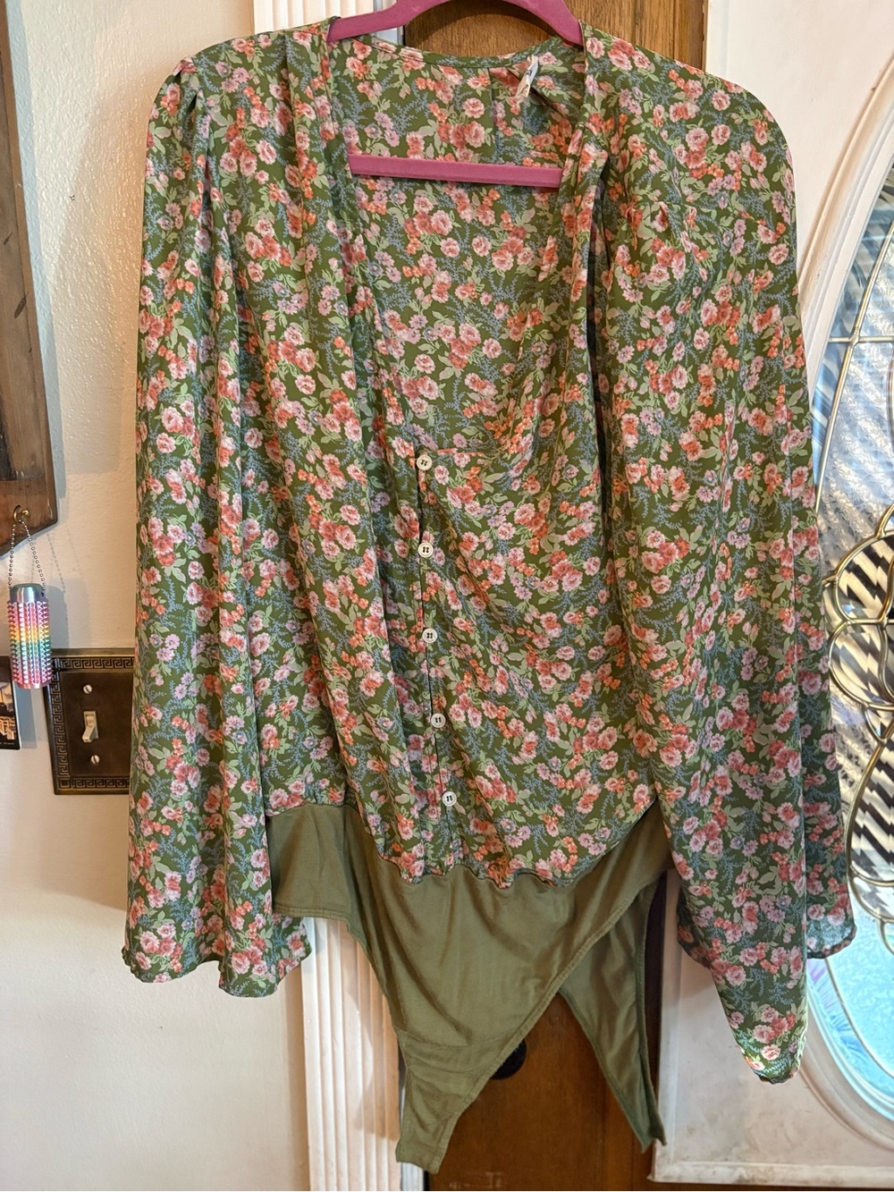 Floral Button-Front Bodysuit in Olive Green and Pink